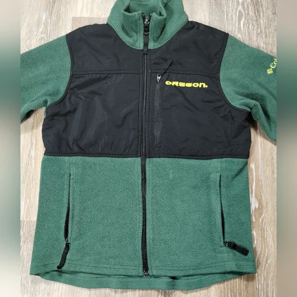 VTG Columbia 10/12 Youth 90s Oregon Ducks Football Fleece Jacket Green Full Zip - Picture 6 of 15